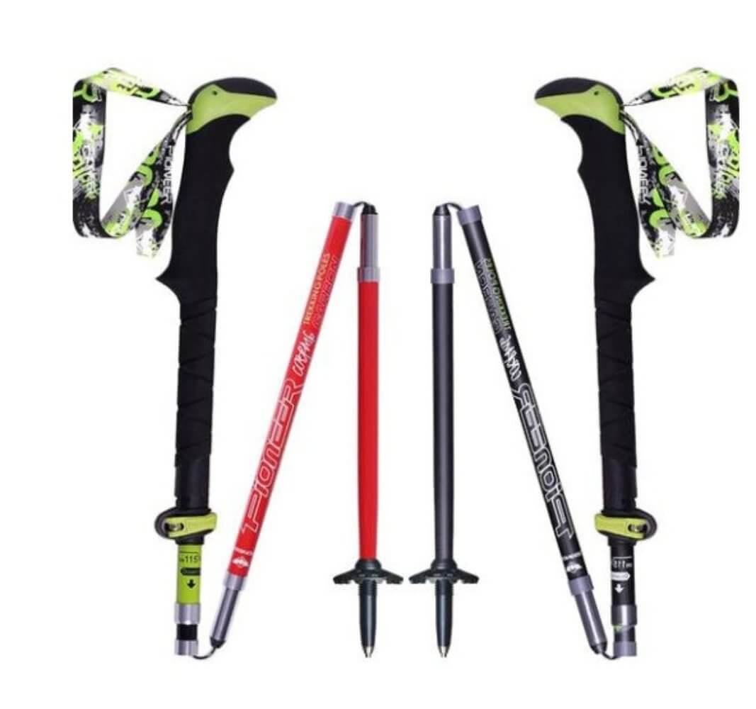 Two folded-up carbon fiber hiking poles, one red and the other black.