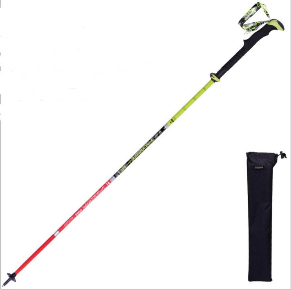 The carbon fiber hiking pole in red.