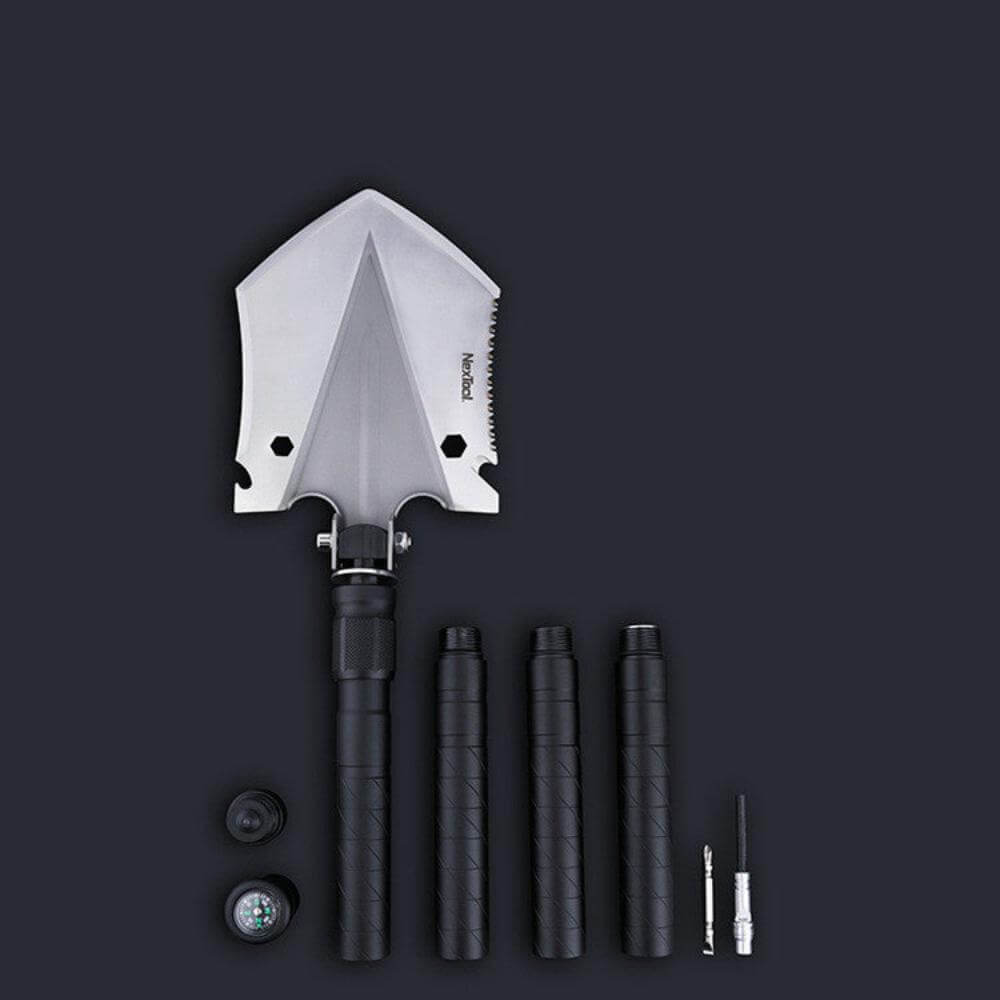 The multi-tool shovel and its attachments.