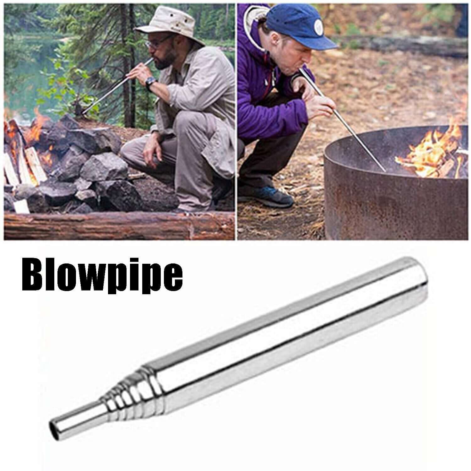 The outdoor emergency survival kit blowpipe. Two images of two different men using the tool on a camp fire.