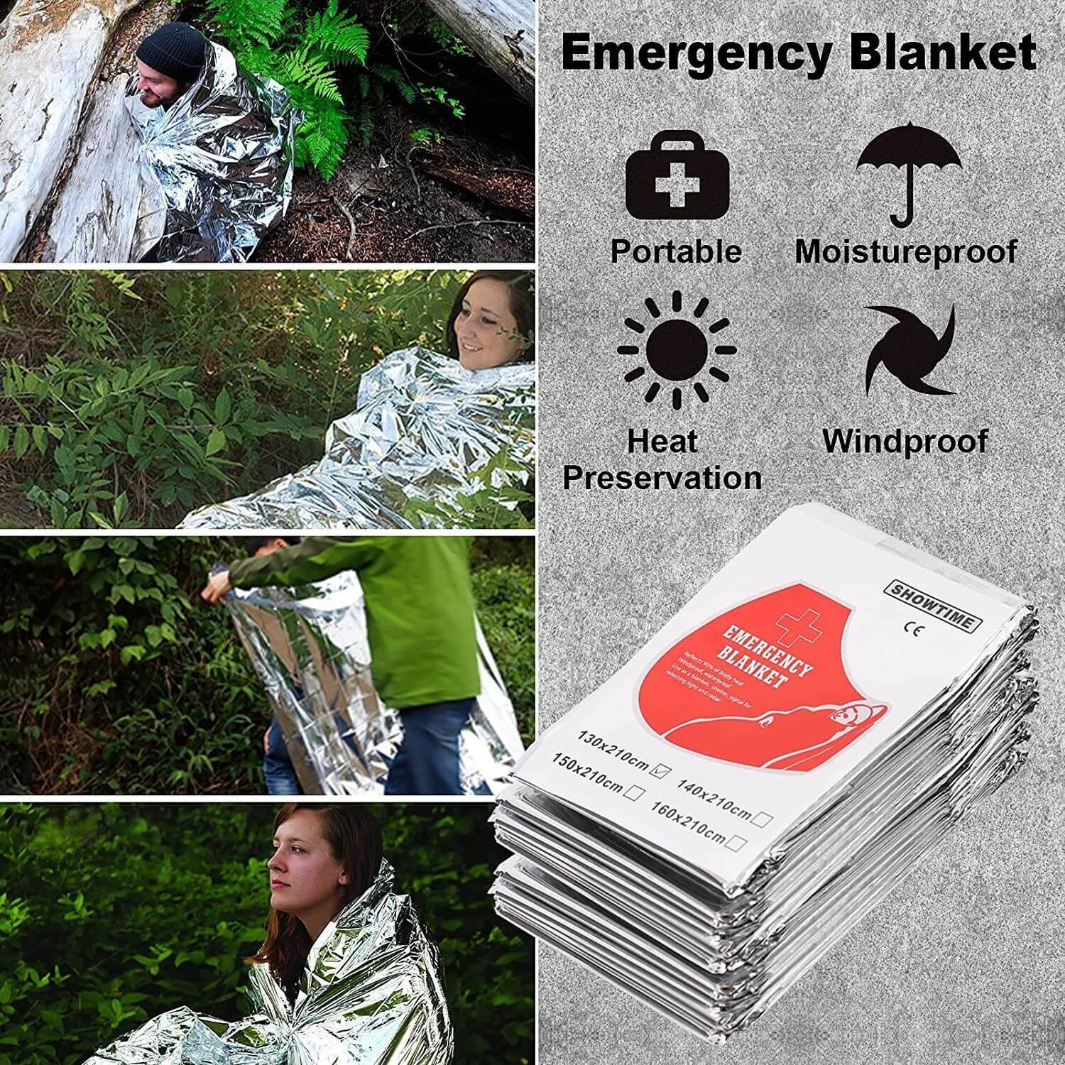 The outdoor emergency survival kit emergency blanket. Four images of people using the item. The item is portable, moister-proof, preserves heat and wind-proof.