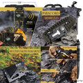 various graphics showing the outdoor emergency survival kit inclusions. 