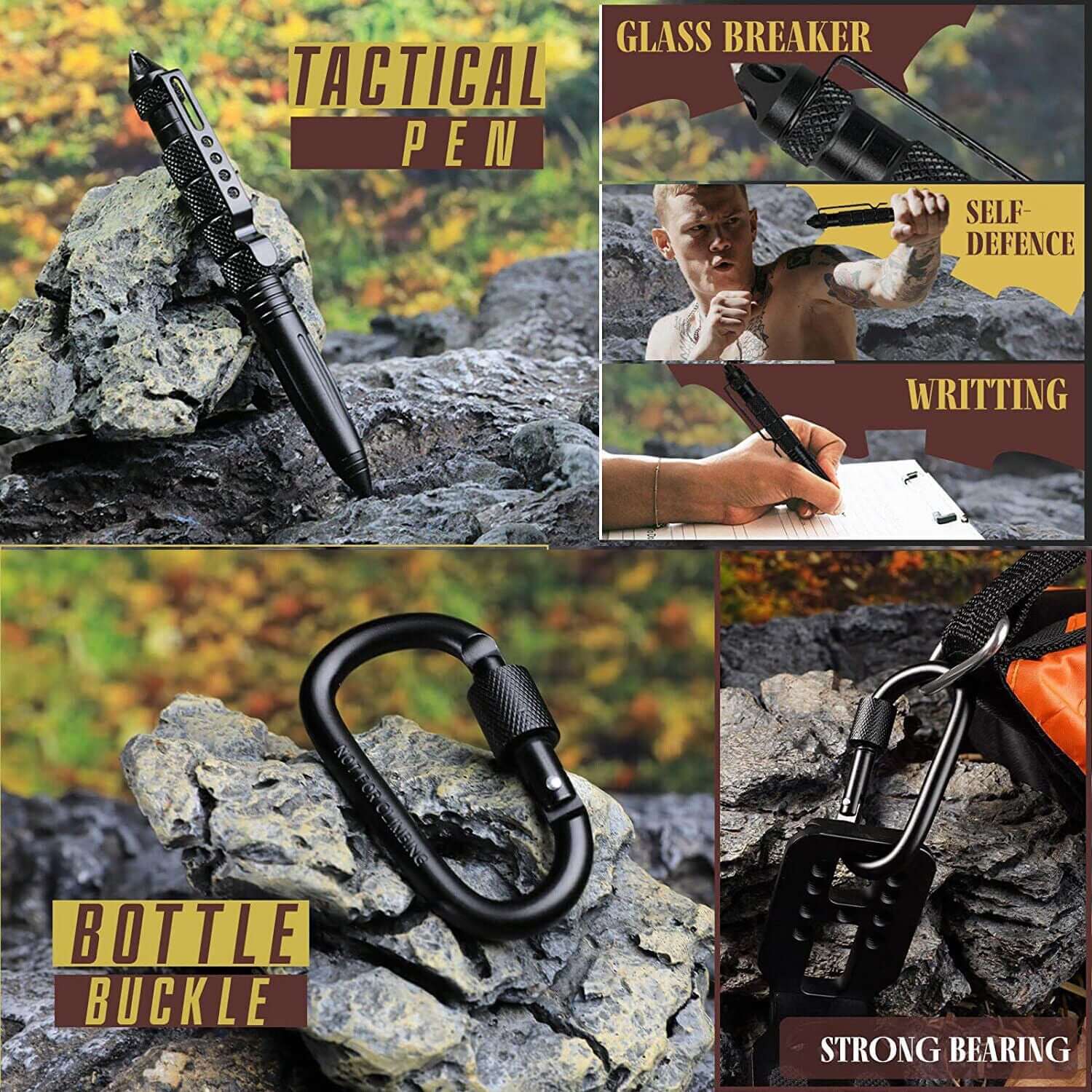 Various graphics showing the survival kit inclusions.