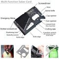 The outdoor emergency survival kit saber card. The item is equipped with a emergency line, slotted screwdriver, positioning hole, butterfly wrench, two knife edges, 4 position wrench, cutting saw, lanyard hole, can opener, cap opener, twine knife, ruler and screwdriver. 