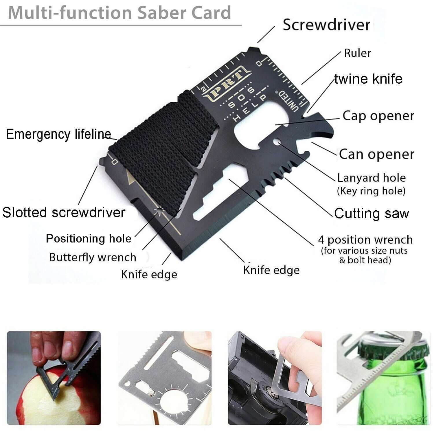 The outdoor emergency survival kit saber card. The item is equipped with a emergency line, slotted screwdriver, positioning hole, butterfly wrench, two knife edges, 4 position wrench, cutting saw, lanyard hole, can opener, cap opener, twine knife, ruler and screwdriver. 