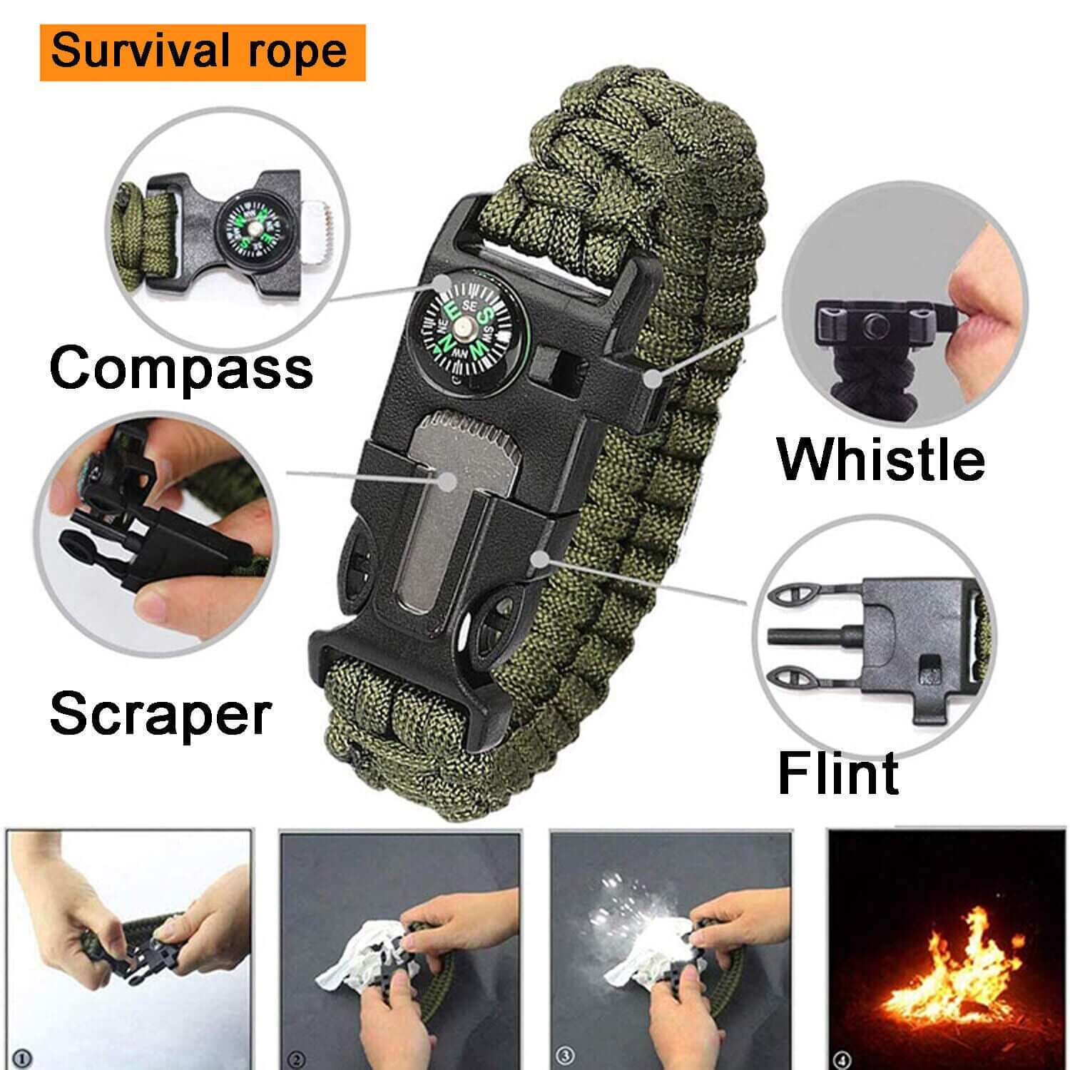 The outdoor emergency survival kit survival rope. The item has an Inbuilt compass, Scraper, whistle and flint.