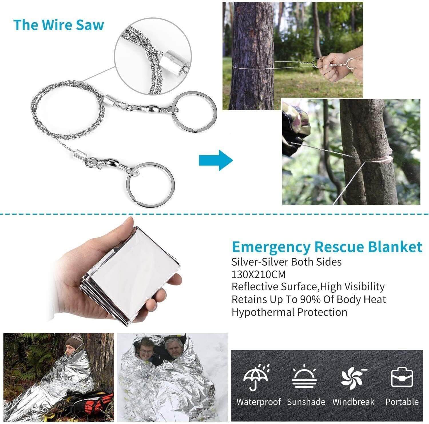 The outdoor emergency survival kit wire saw and the emergency rescue blanket which is 130cm by 210cm.