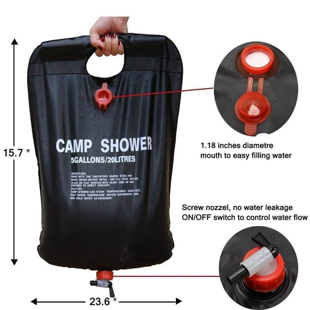 The portable camping shower dimensions. 15.7 inches in length, 23.6 inches in width, 1.18 inches in diameter for the filling hole. The screw nozzle on/off valve at the bottom.