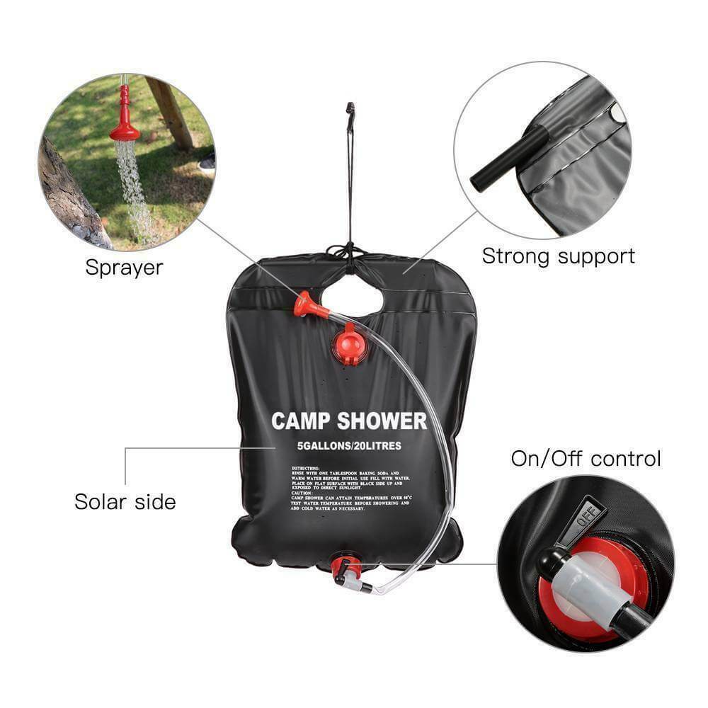 The portable camping shower features. Sprayer, strong support, solar side and on/off control.