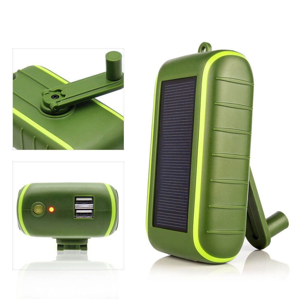 The solar power bank charger. A close up of the devices handle and charging ports.