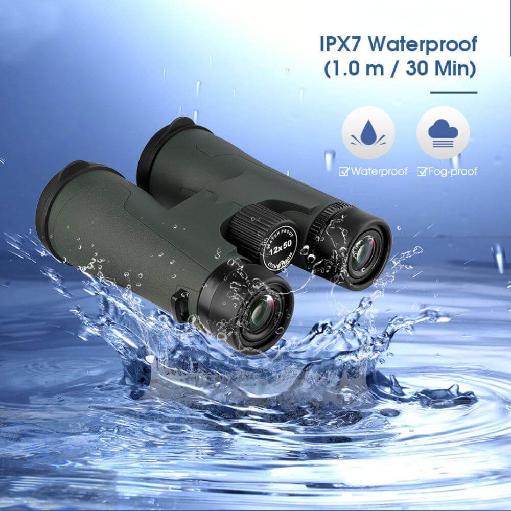 The waterproof binoculars hovering above water while it splashes on them. The binoculars have a IPX7 waterproof rating.