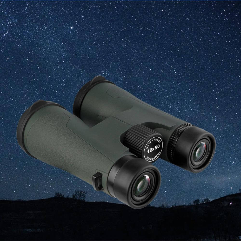 The waterproof binoculars with a background of the night sky filled with stars.