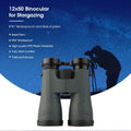 The waterproof binoculars. A graphic of someone looking through the binoculars mounted on a tripod up into the night sky.