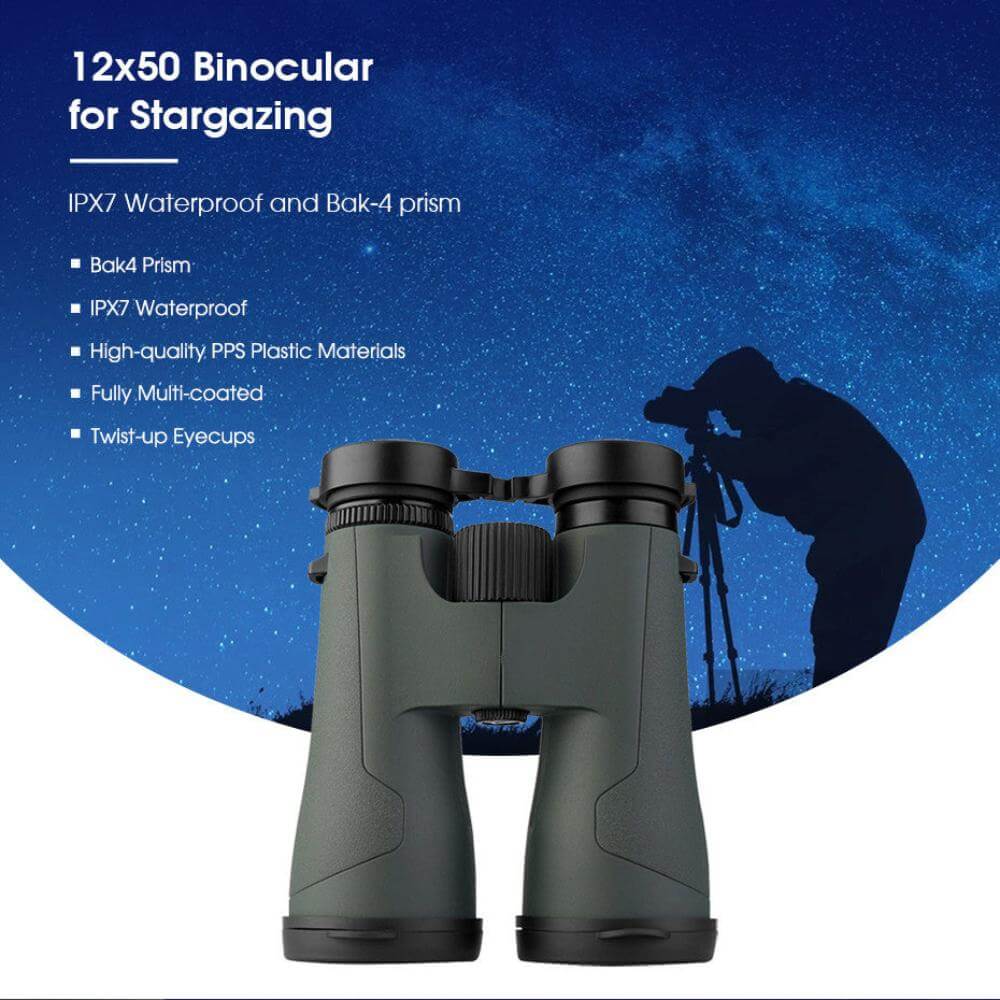 The waterproof binoculars. A graphic of someone looking through the binoculars mounted on a tripod up into the night sky.