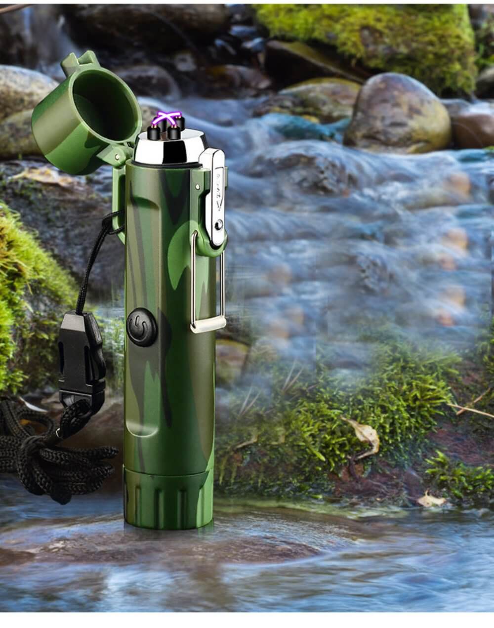 The waterproof rechargeable lighter for survival in an outdoor environment.